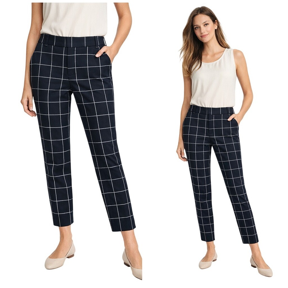 Gap Slim Ankle Windowpane Plaid Pants Womens 2 Navy Blue Slim Fit Trousers